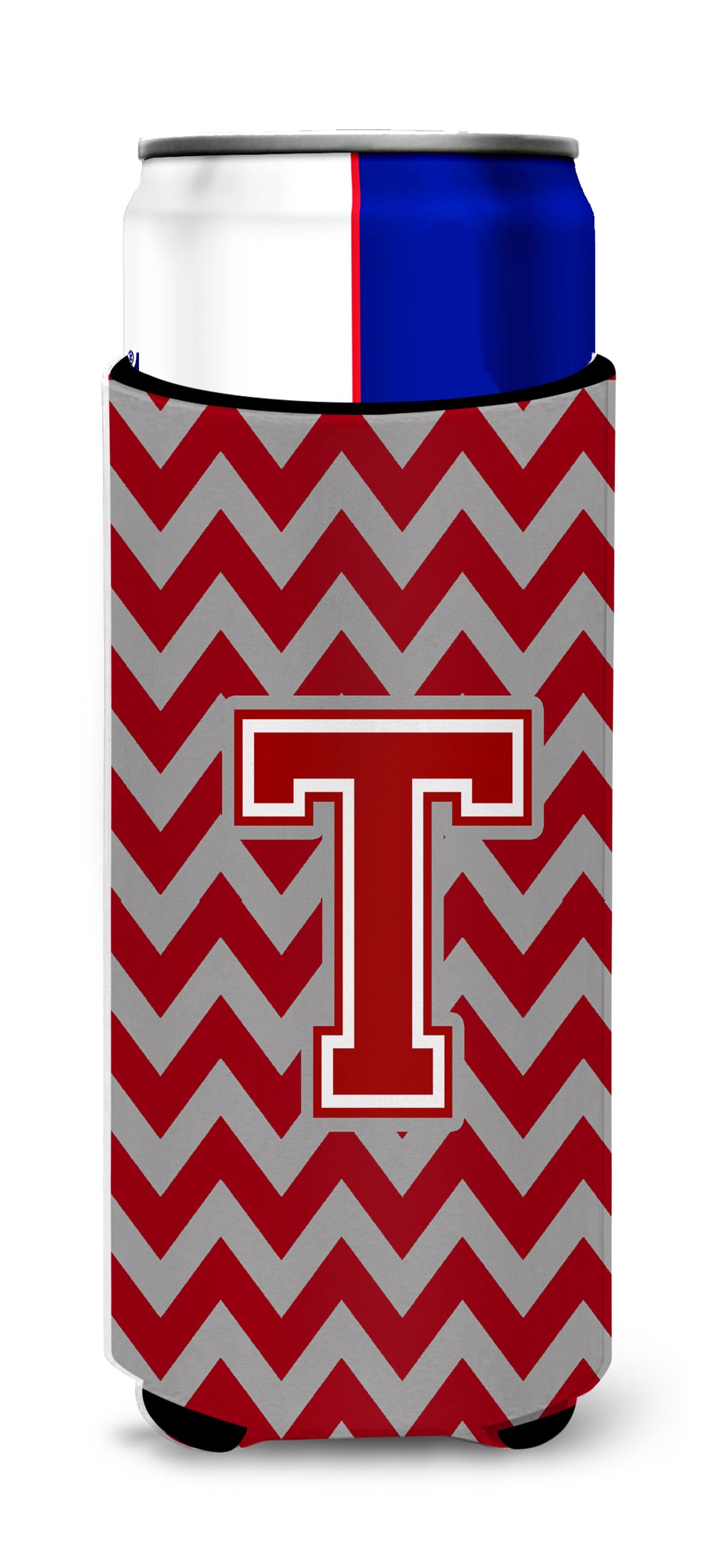 Letter T Chevron Maroon and White Ultra Beverage Insulators for slim cans CJ1049-TMUK.