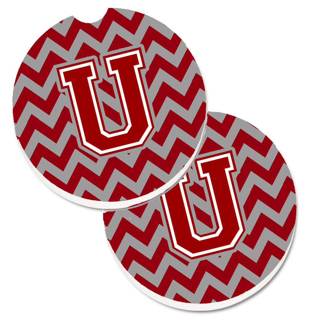 Letter U Chevron Maroon and White Set of 2 Cup Holder Car Coasters CJ1049-UCARC by Caroline&#39;s Treasures