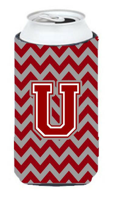 Letter U Chevron Maroon and White Tall Boy Beverage Insulator Hugger CJ1049-UTBC by Caroline's Treasures