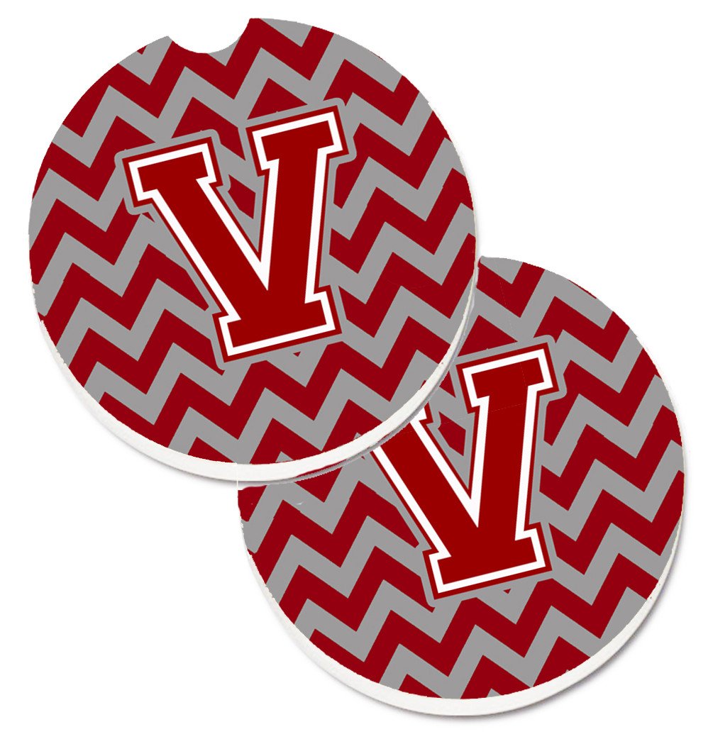 Letter V Chevron Maroon and White Set of 2 Cup Holder Car Coasters CJ1049-VCARC by Caroline&#39;s Treasures