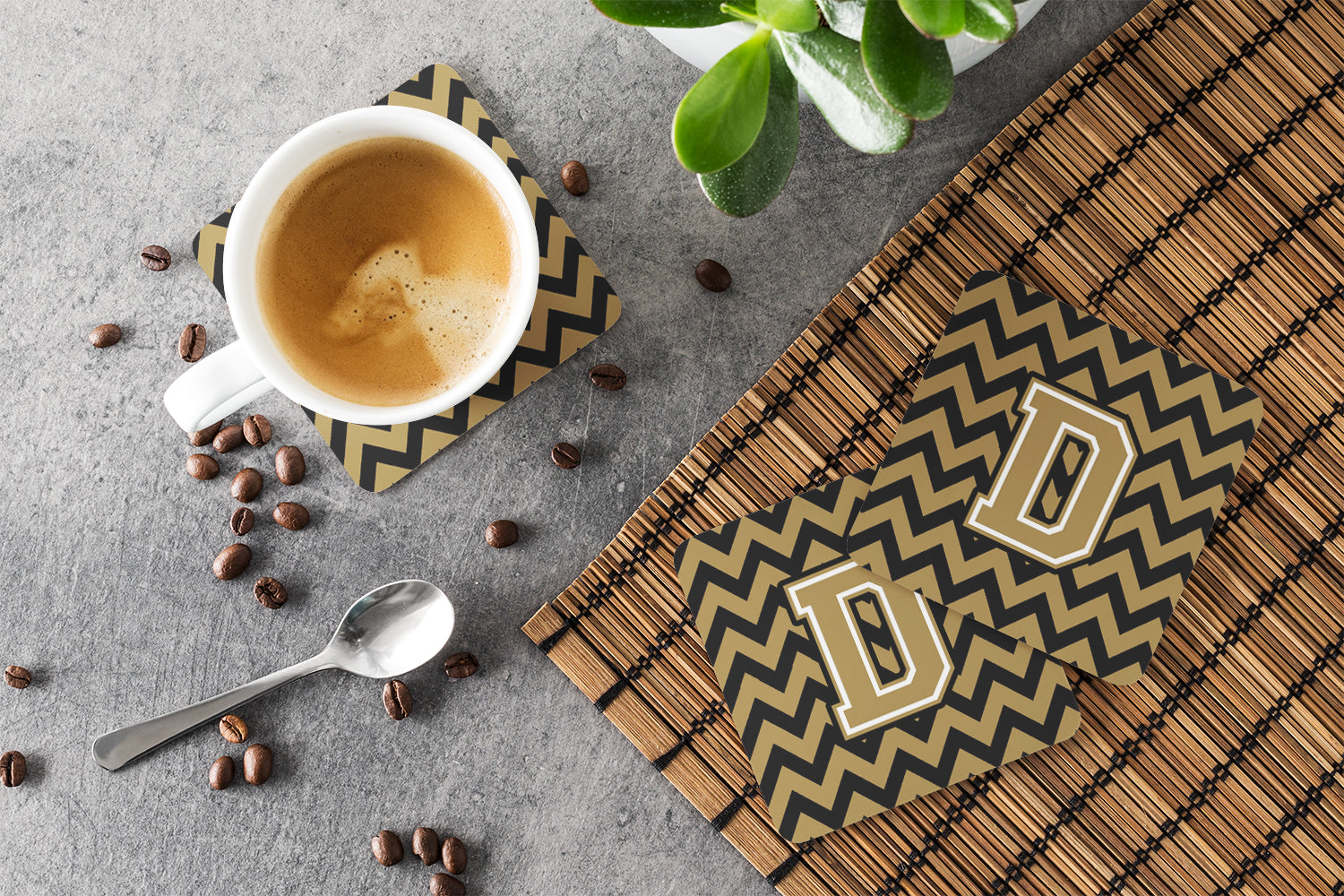 Letter D Chevron Black and Gold  Foam Coaster Set of 4 CJ1050-DFC - the-store.com