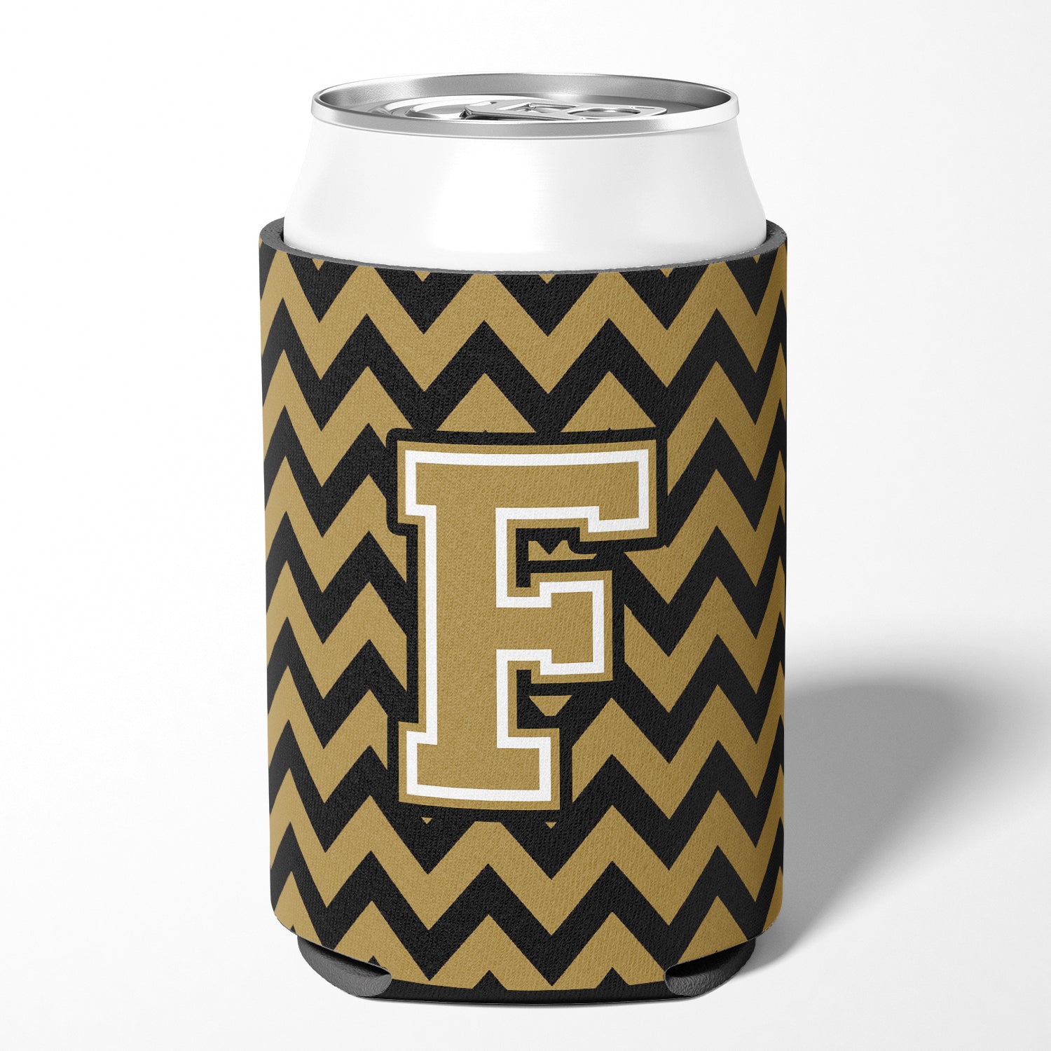 Letter F Chevron Black and Gold  Can or Bottle Hugger CJ1050-FCC.