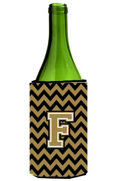 Letter F Chevron Black and Gold  Wine Bottle Beverage Insulator Hugger CJ1050-FLITERK by Caroline's Treasures