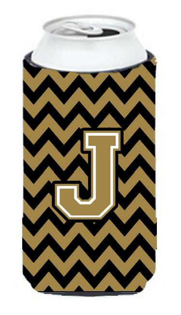 Letter J Chevron Black and Gold  Tall Boy Beverage Insulator Hugger CJ1050-JTBC by Caroline's Treasures