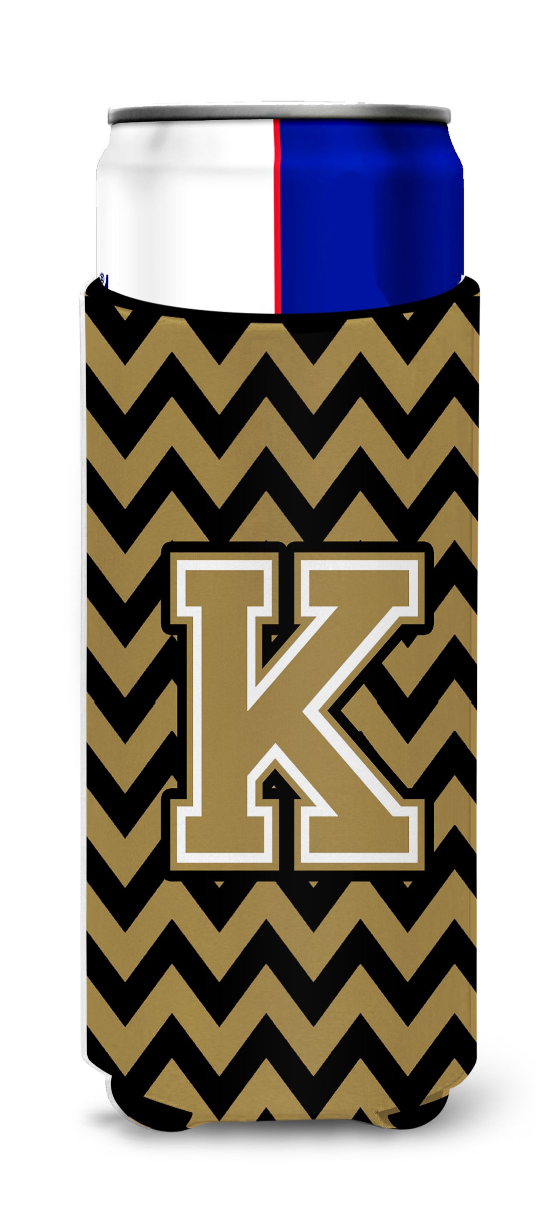 Letter K Chevron Black and Gold  Ultra Beverage Insulators for slim cans CJ1050-KMUK.