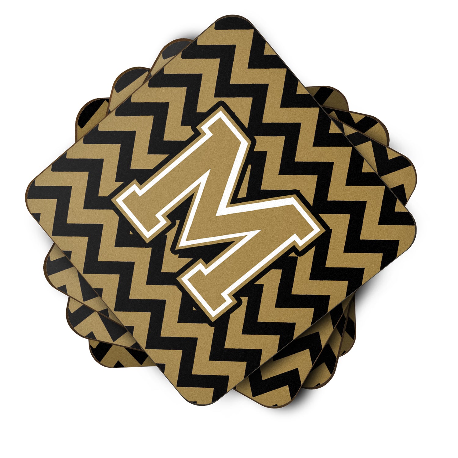 Letter M Chevron Black and Gold  Foam Coaster Set of 4 CJ1050-MFC - the-store.com