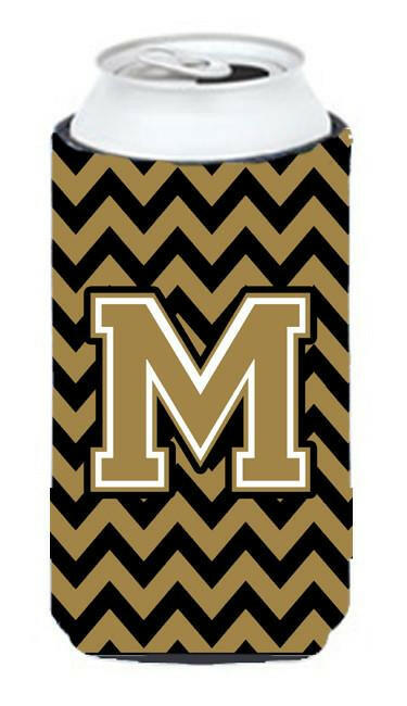 Letter M Chevron Black and Gold  Tall Boy Beverage Insulator Hugger CJ1050-MTBC by Caroline's Treasures