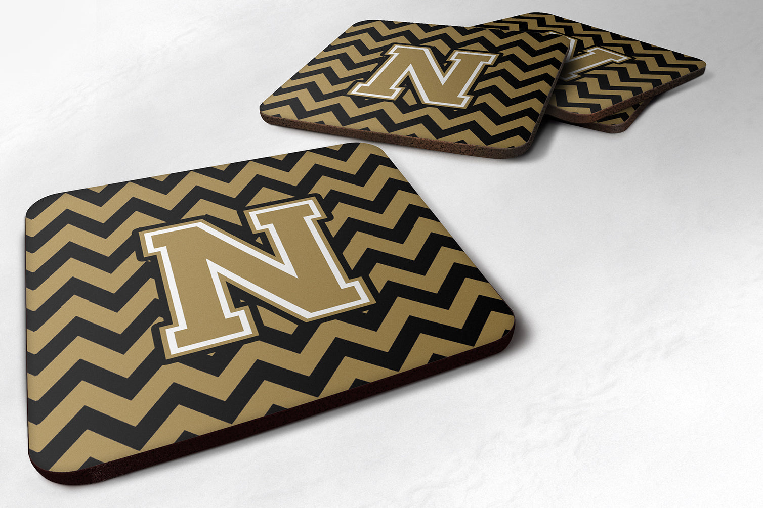 Letter N Chevron Black and Gold  Foam Coaster Set of 4 CJ1050-NFC - the-store.com