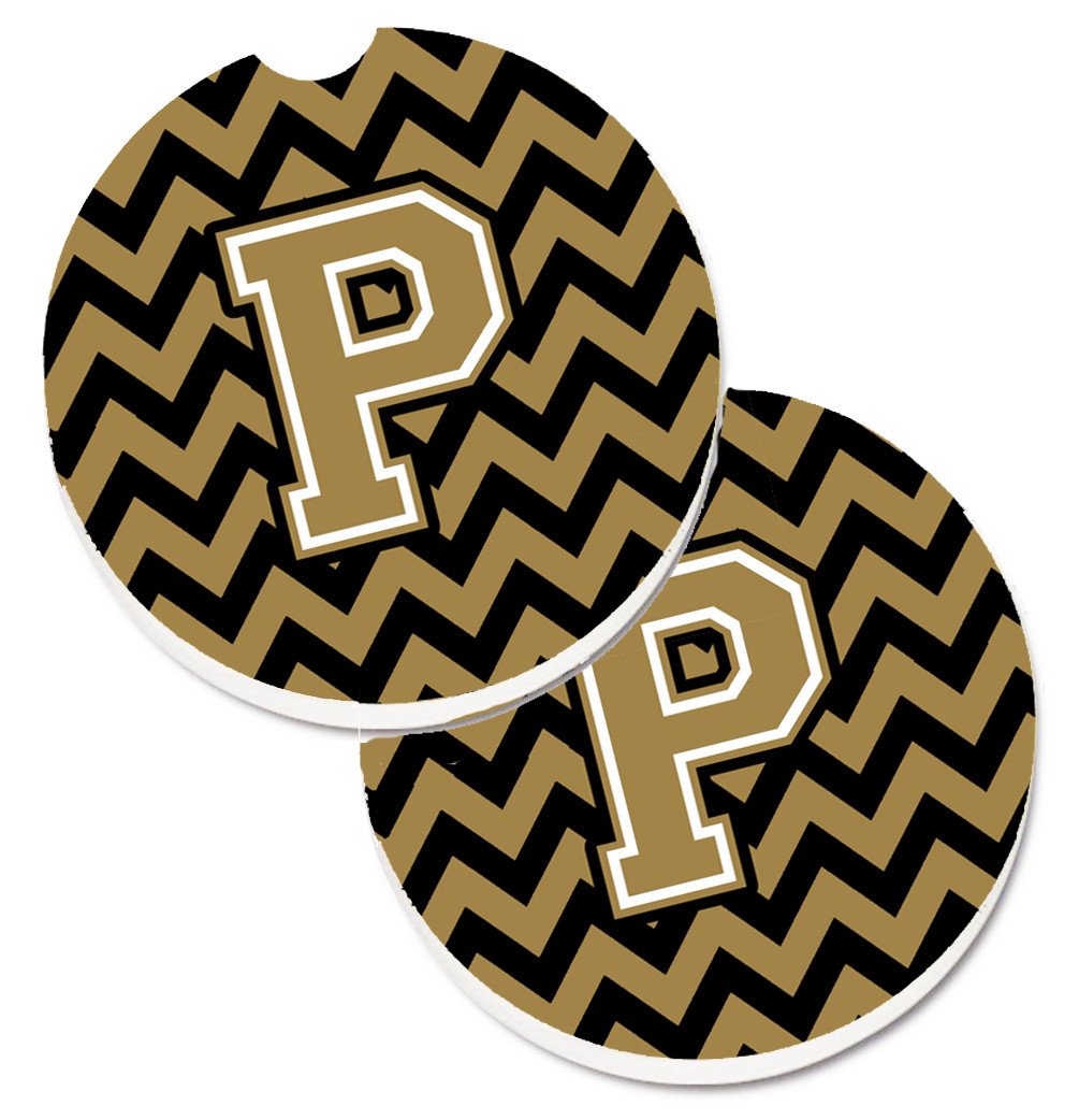 Letter P Chevron Black and Gold  Set of 2 Cup Holder Car Coasters CJ1050-PCARC by Caroline&#39;s Treasures