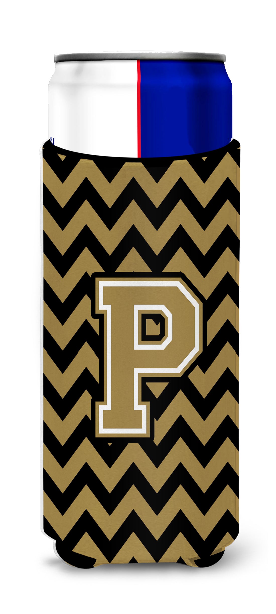 Letter P Chevron Black and Gold  Ultra Beverage Insulators for slim cans CJ1050-PMUK.