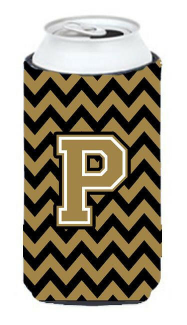 Letter P Chevron Black and Gold  Tall Boy Beverage Insulator Hugger CJ1050-PTBC by Caroline's Treasures