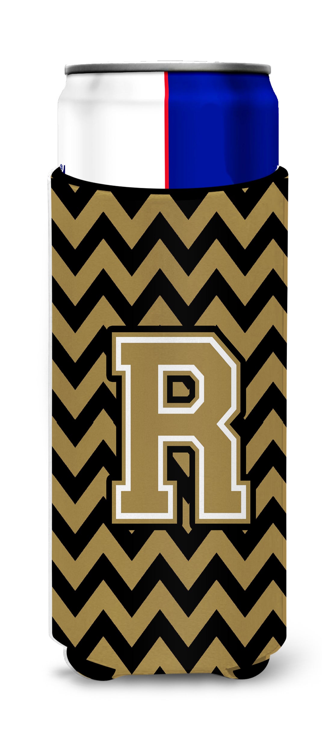 Letter R Chevron Black and Gold  Ultra Beverage Insulators for slim cans CJ1050-RMUK.