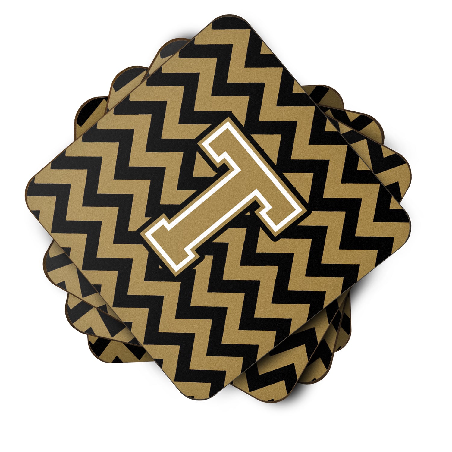 Letter T Chevron Black and Gold  Foam Coaster Set of 4 CJ1050-TFC - the-store.com