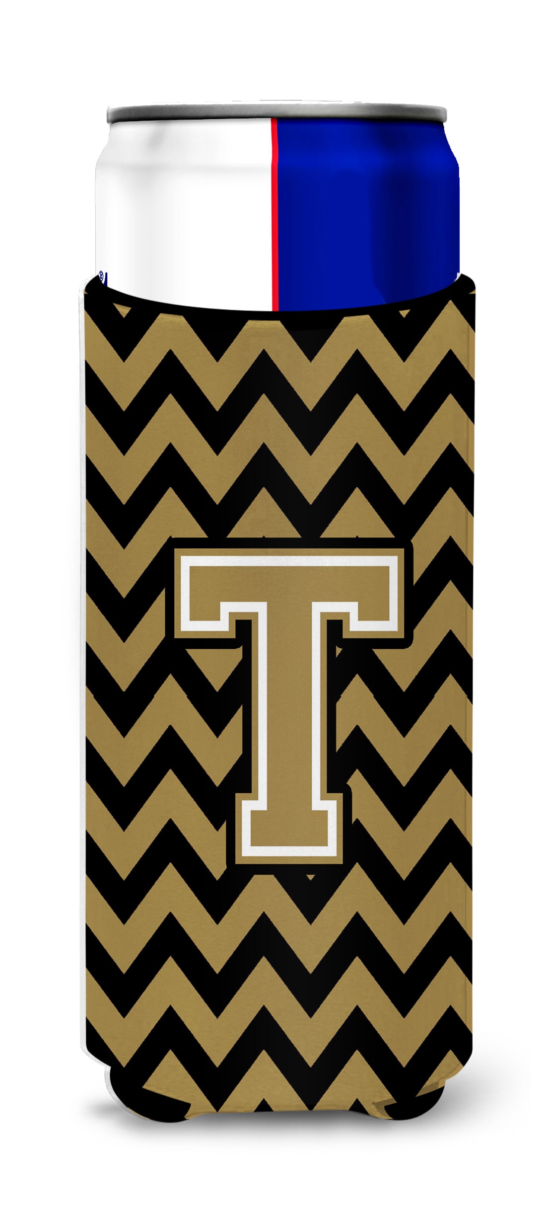 Letter T Chevron Black and Gold  Ultra Beverage Insulators for slim cans CJ1050-TMUK.