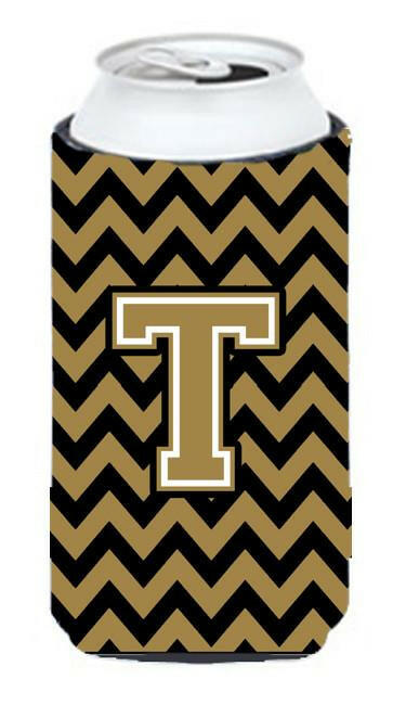 Letter T Chevron Black and Gold  Tall Boy Beverage Insulator Hugger CJ1050-TTBC by Caroline&#39;s Treasures