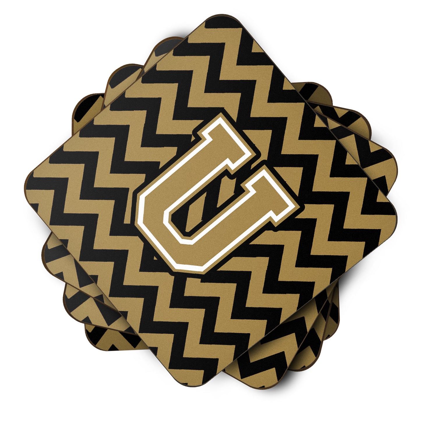 Letter U Chevron Black and Gold  Foam Coaster Set of 4 CJ1050-UFC - the-store.com