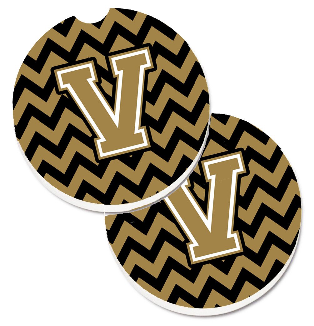 Letter V Chevron Black and Gold  Set of 2 Cup Holder Car Coasters CJ1050-VCARC by Caroline's Treasures