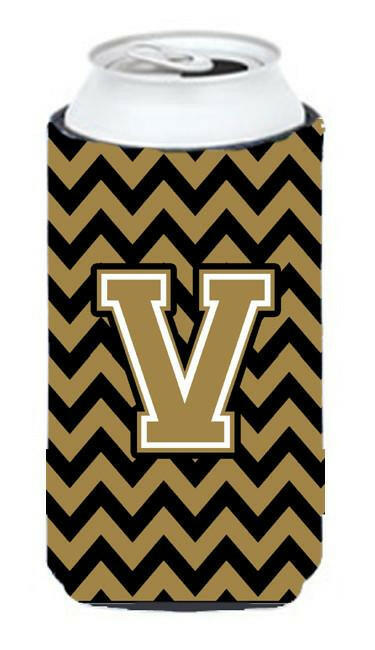 Letter V Chevron Black and Gold  Tall Boy Beverage Insulator Hugger CJ1050-VTBC by Caroline's Treasures