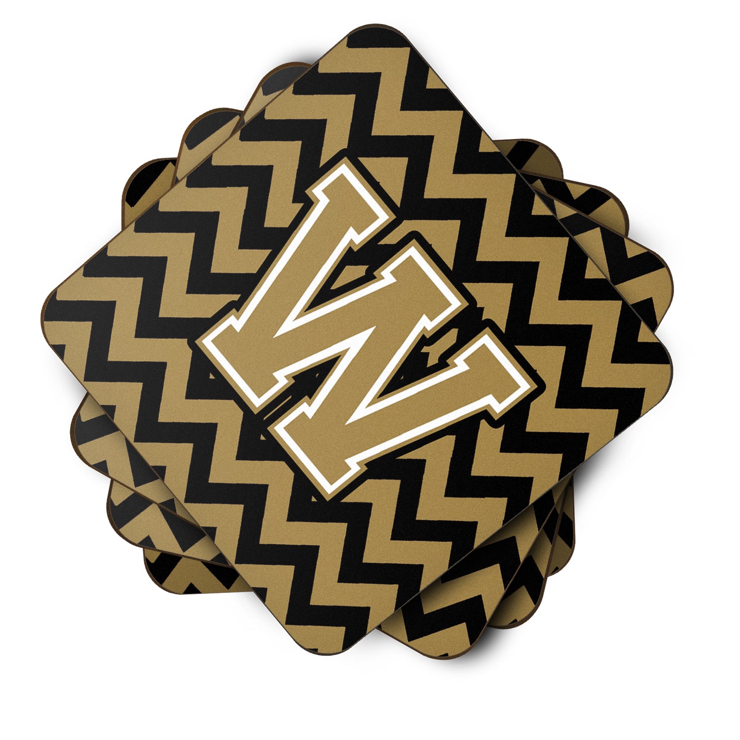 Letter W Chevron Black and Gold  Foam Coaster Set of 4 CJ1050-WFC - the-store.com