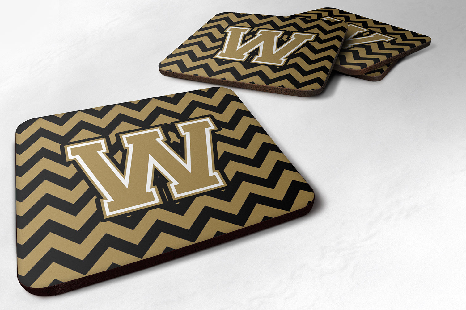 Letter W Chevron Black and Gold  Foam Coaster Set of 4 CJ1050-WFC - the-store.com