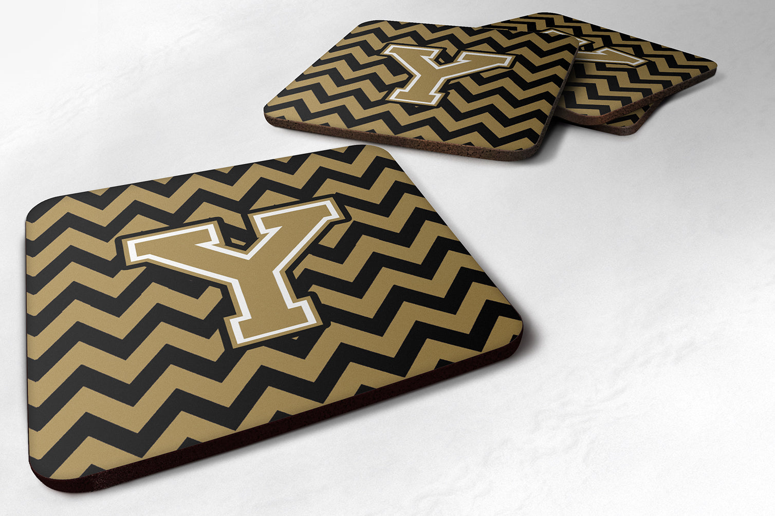 Letter Y Chevron Black and Gold  Foam Coaster Set of 4 CJ1050-YFC - the-store.com