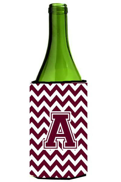 Letter A Chevron Maroon and White  Wine Bottle Beverage Insulator Hugger CJ1051-ALITERK by Caroline&#39;s Treasures