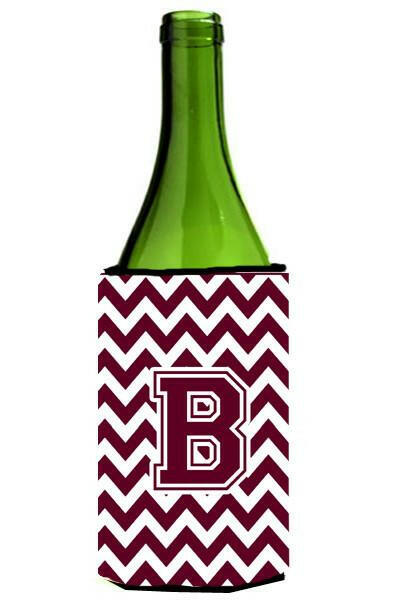 Letter B Chevron Maroon and White  Wine Bottle Beverage Insulator Hugger CJ1051-BLITERK by Caroline's Treasures