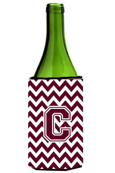 Letter C Chevron Maroon and White  Wine Bottle Beverage Insulator Hugger CJ1051-CLITERK by Caroline's Treasures