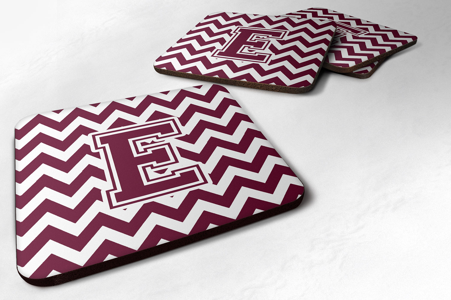 Letter E Chevron Maroon and White  Foam Coaster Set of 4 CJ1051-EFC - the-store.com