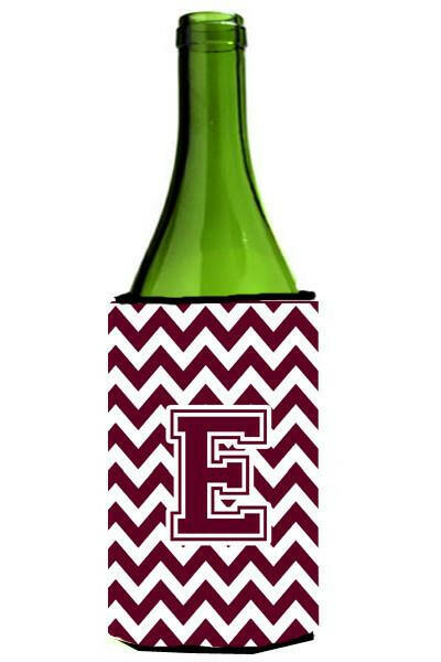 Letter E Chevron Maroon and White  Wine Bottle Beverage Insulator Hugger CJ1051-ELITERK by Caroline's Treasures