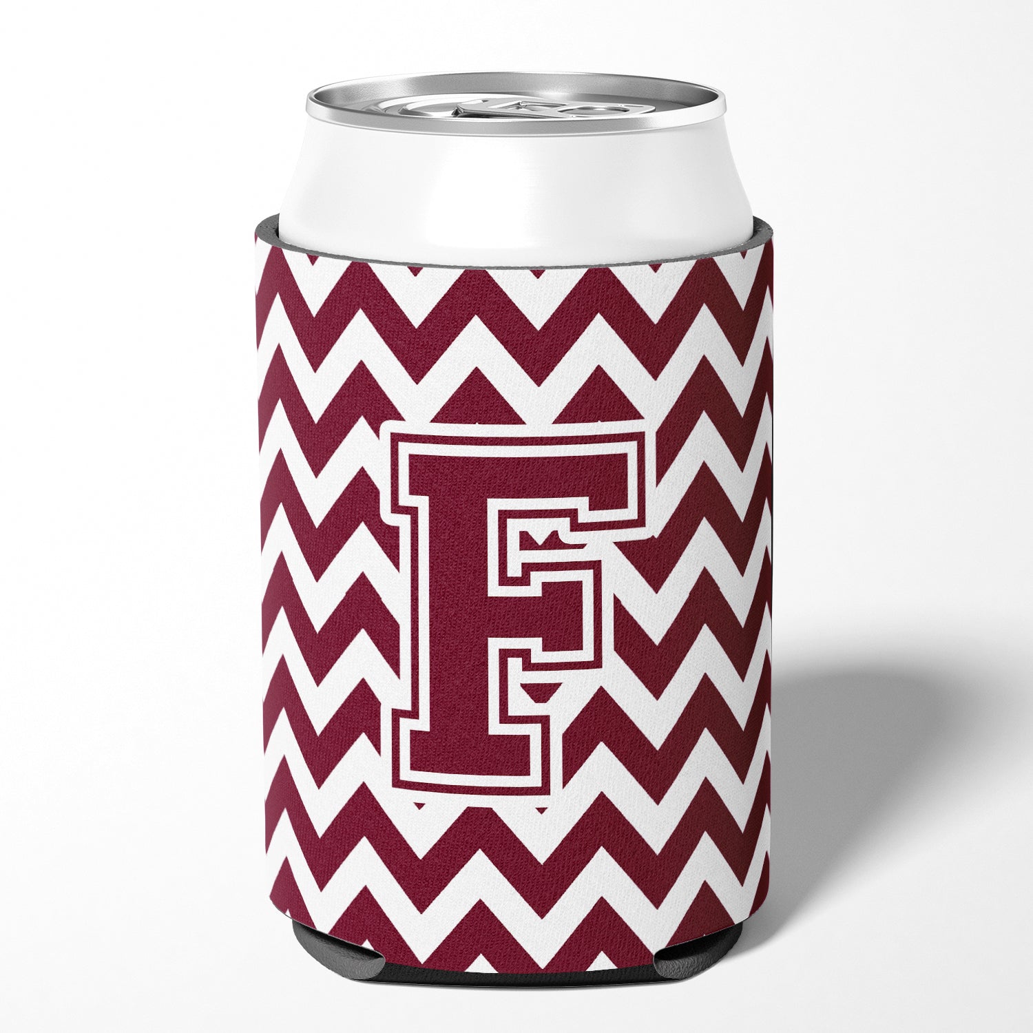 Letter F Chevron Maroon and White  Can or Bottle Hugger CJ1051-FCC.