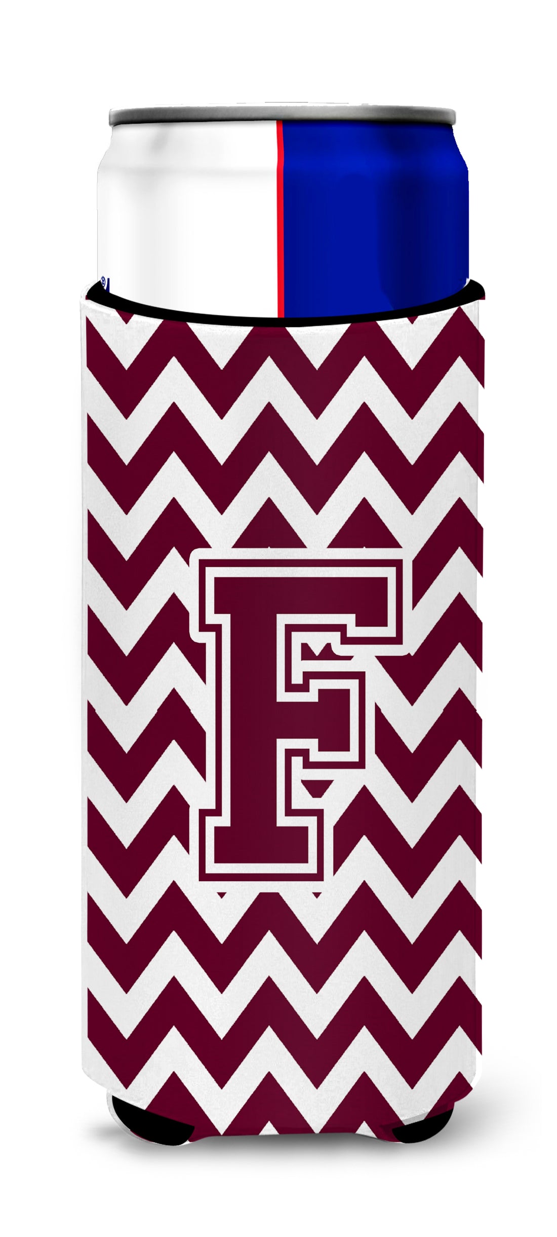 Letter F Chevron Maroon and White  Ultra Beverage Insulators for slim cans CJ1051-FMUK.