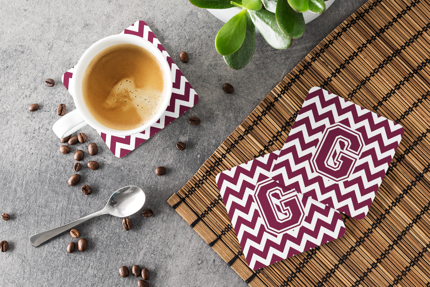 Letter G Chevron Maroon and White  Foam Coaster Set of 4 CJ1051-GFC - the-store.com