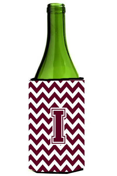 Letter I Chevron Maroon and White  Wine Bottle Beverage Insulator Hugger CJ1051-ILITERK by Caroline&#39;s Treasures