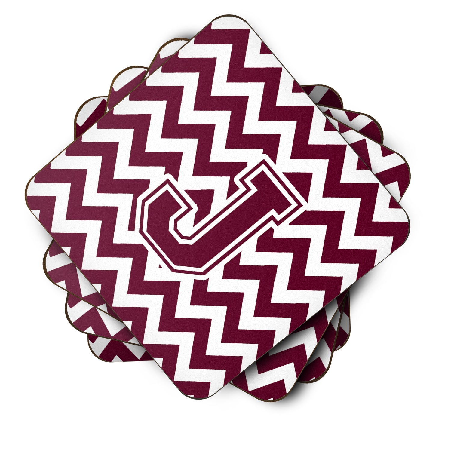 Letter J Chevron Maroon and White  Foam Coaster Set of 4 CJ1051-JFC - the-store.com