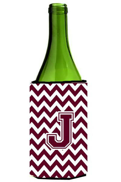 Letter J Chevron Maroon and White  Wine Bottle Beverage Insulator Hugger CJ1051-JLITERK by Caroline&#39;s Treasures