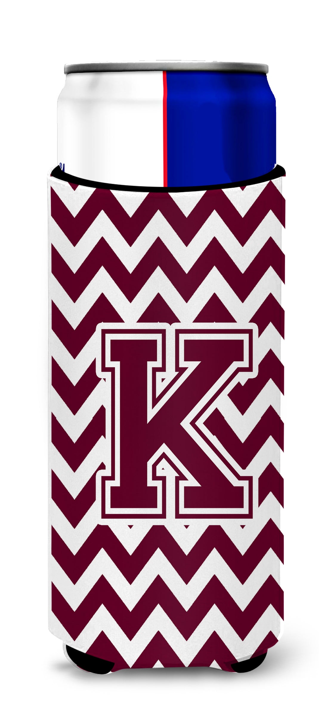 Letter K Chevron Maroon and White  Ultra Beverage Insulators for slim cans CJ1051-KMUK.