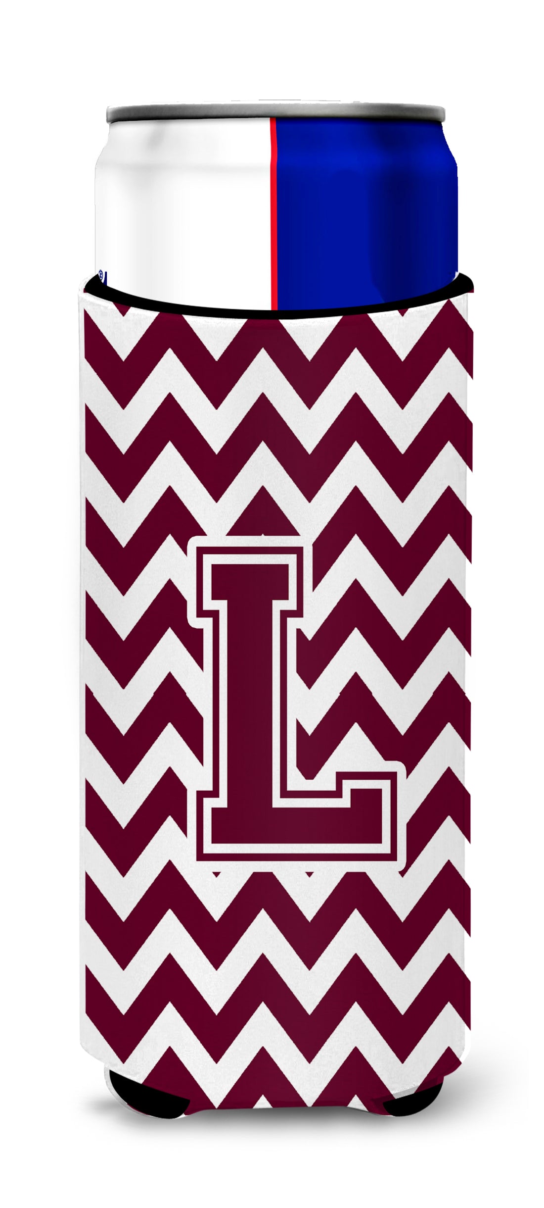 Letter L Chevron Maroon and White  Ultra Beverage Insulators for slim cans CJ1051-LMUK.