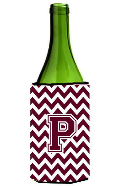 Letter P Chevron Maroon and White  Wine Bottle Beverage Insulator Hugger CJ1051-PLITERK by Caroline&#39;s Treasures