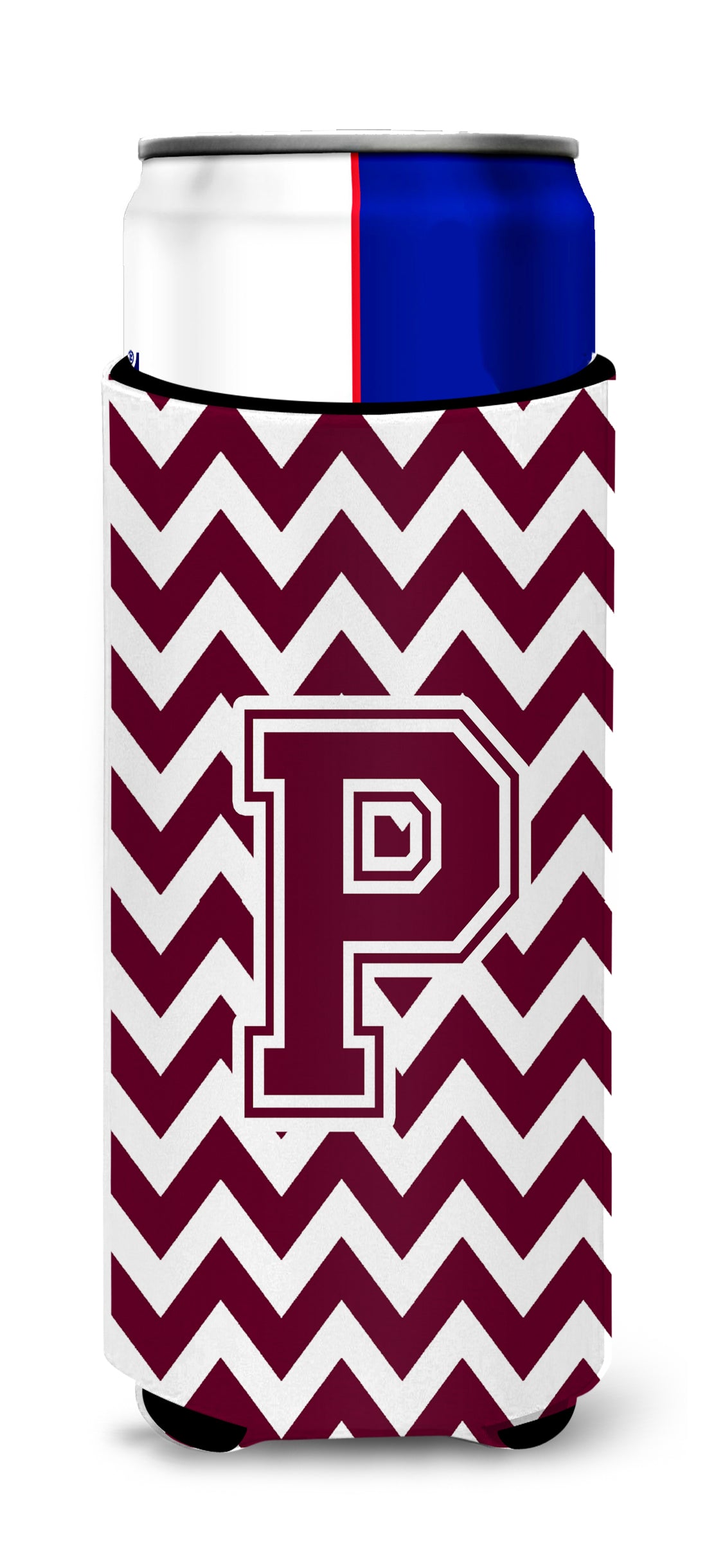 Letter P Chevron Maroon and White  Ultra Beverage Insulators for slim cans CJ1051-PMUK.