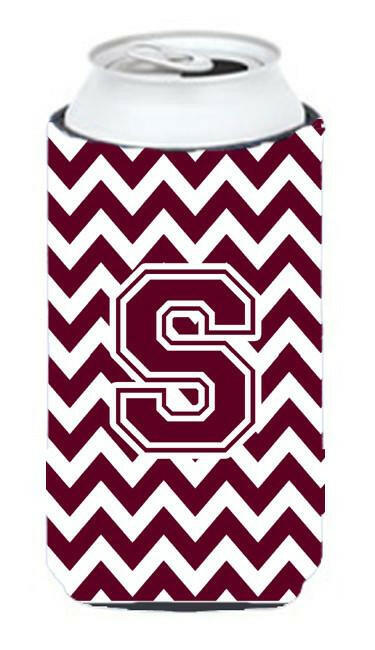 Letter S Chevron Maroon and White  Tall Boy Beverage Insulator Hugger CJ1051-STBC by Caroline's Treasures