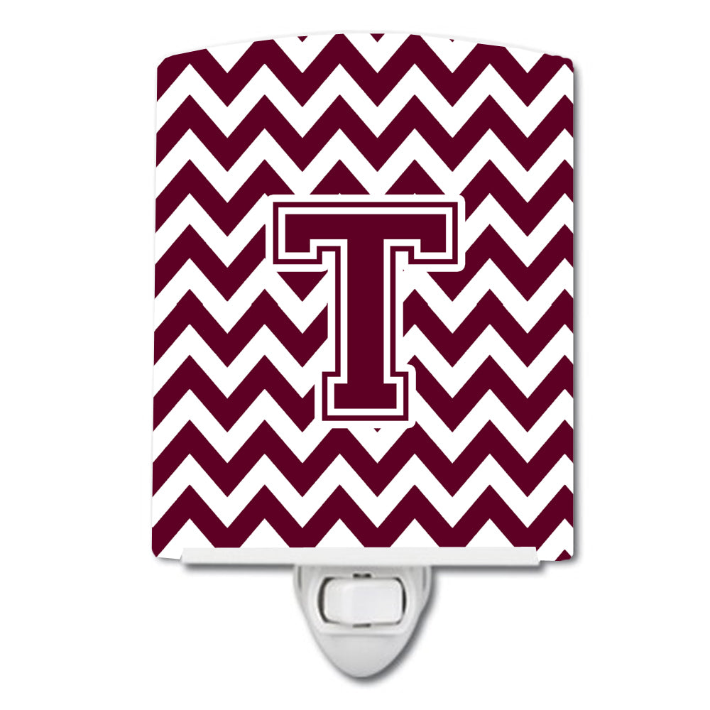 Letter T Chevron Maroon and White  Ceramic Night Light CJ1051-TCNL - the-store.com