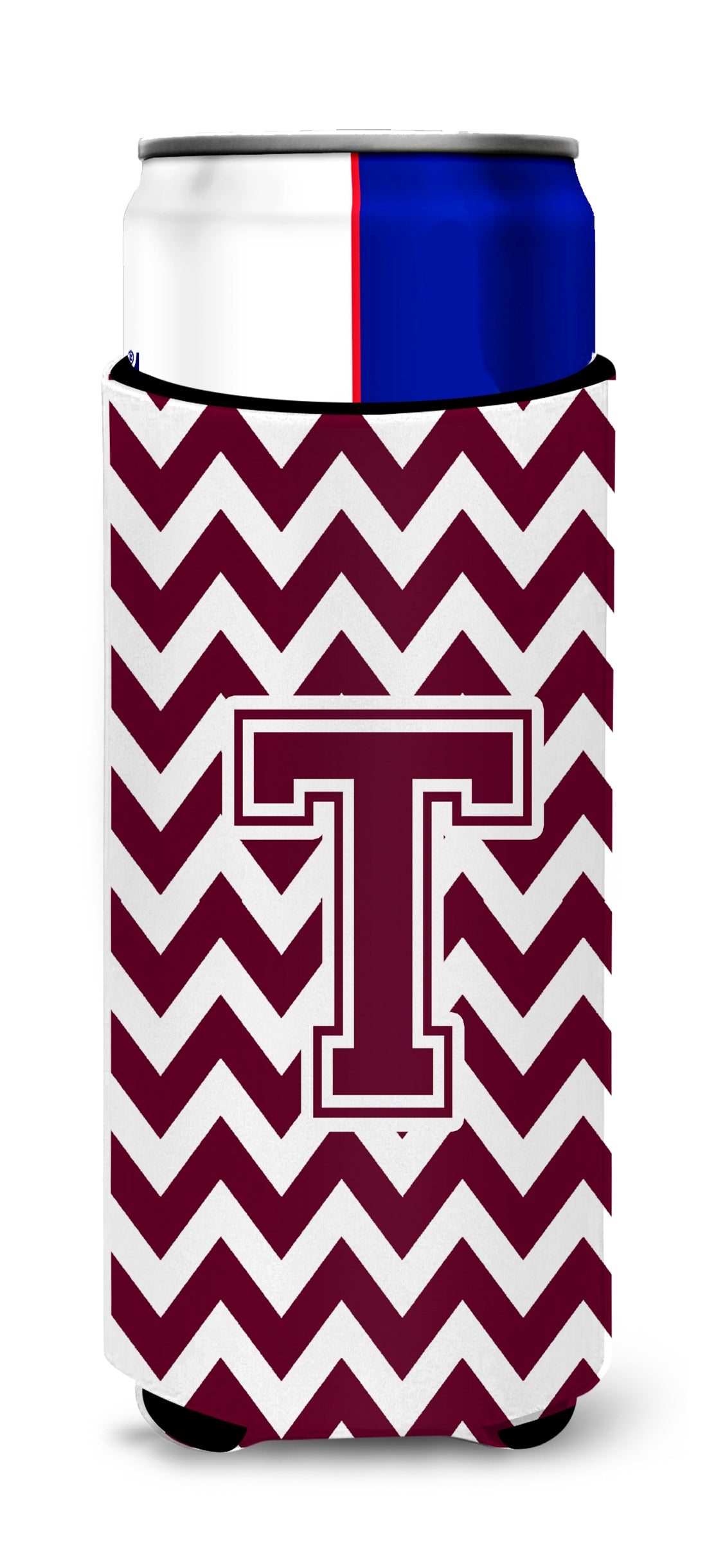 Letter T Chevron Maroon and White  Ultra Beverage Insulators for slim cans CJ1051-TMUK.