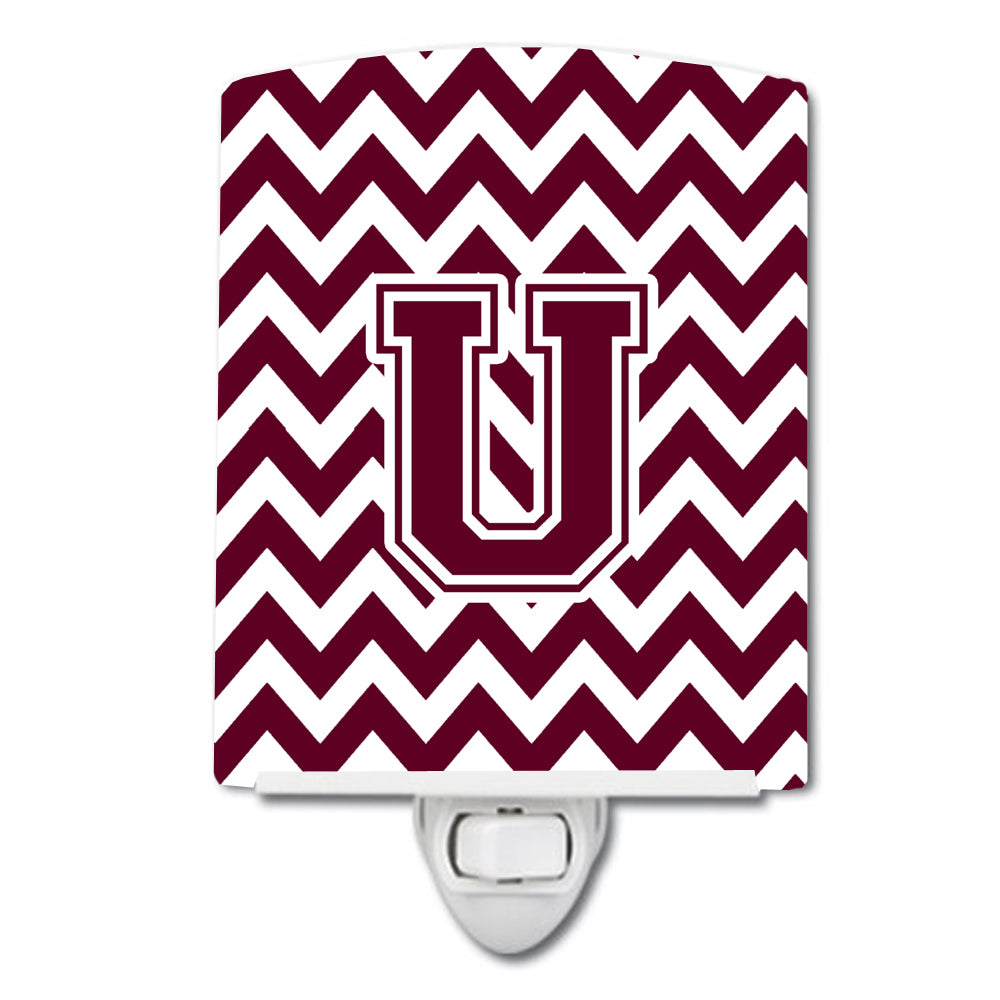 Letter U Chevron Maroon and White  Ceramic Night Light CJ1051-UCNL - the-store.com