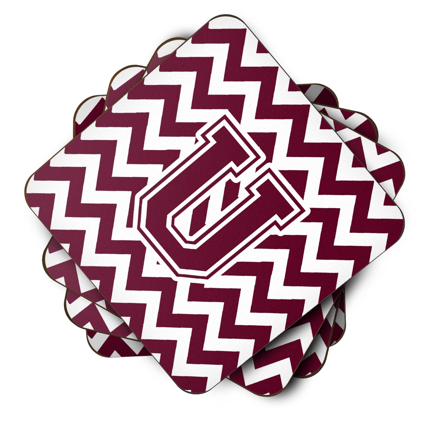 Letter U Chevron Maroon and White  Foam Coaster Set of 4 CJ1051-UFC - the-store.com