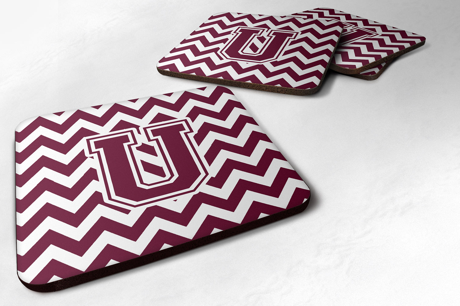 Letter U Chevron Maroon and White  Foam Coaster Set of 4 CJ1051-UFC - the-store.com