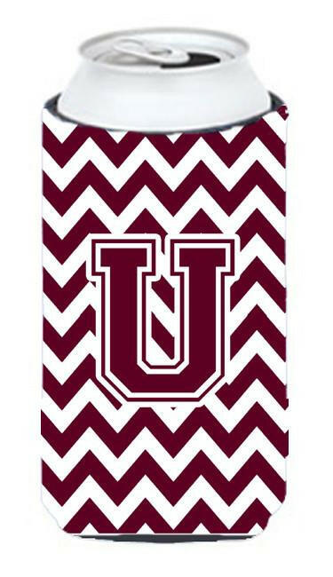 Letter U Chevron Maroon and White  Tall Boy Beverage Insulator Hugger CJ1051-UTBC by Caroline's Treasures