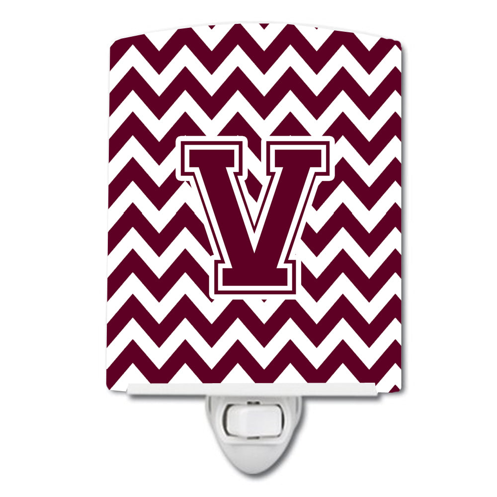 Letter V Chevron Maroon and White  Ceramic Night Light CJ1051-VCNL - the-store.com