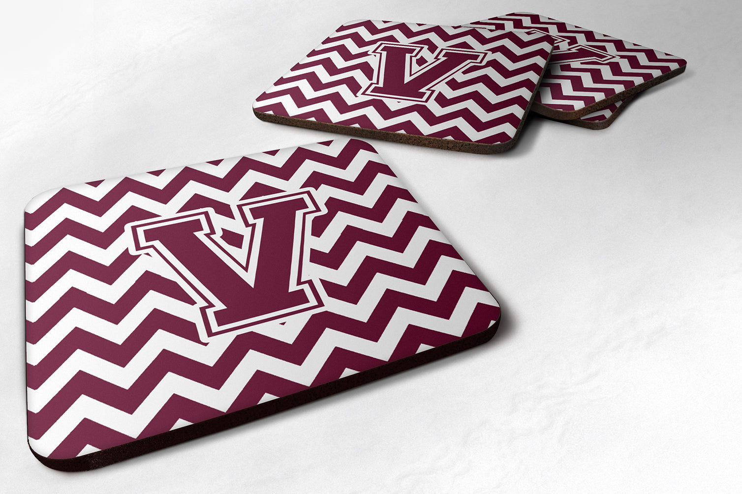 Letter V Chevron Maroon and White  Foam Coaster Set of 4 CJ1051-VFC - the-store.com