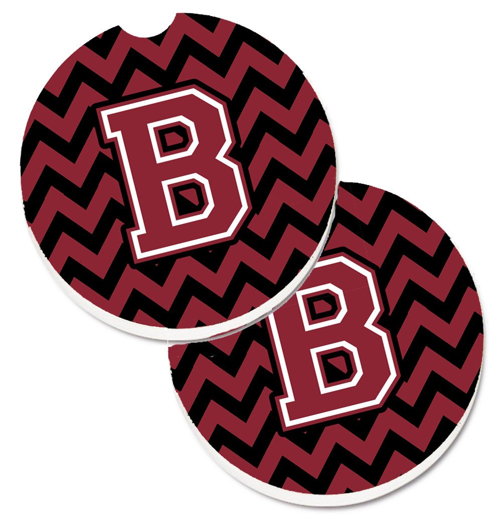 Letter B Chevron Garnet and Black  Set of 2 Cup Holder Car Coasters CJ1052-BCARC by Caroline's Treasures